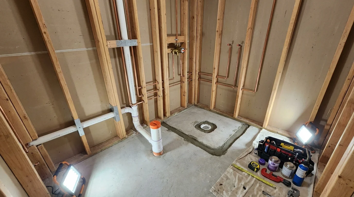 Bathroom rough-in plumbing during remodel by Johns Plumbing LLC in Brookdale