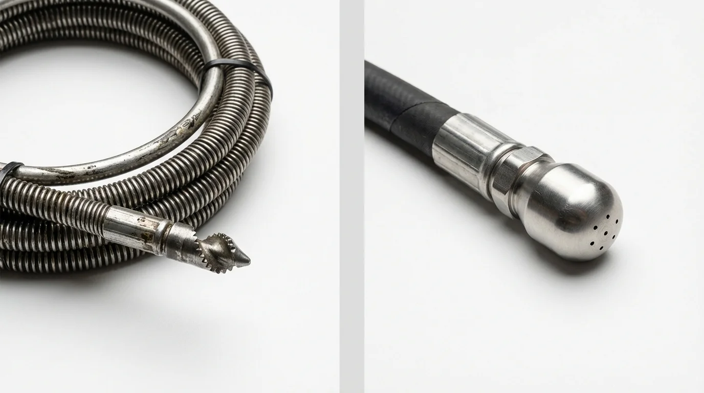 Drain snake cable and hydro jetting nozzle used for drain cleaning in Brookdale, CA