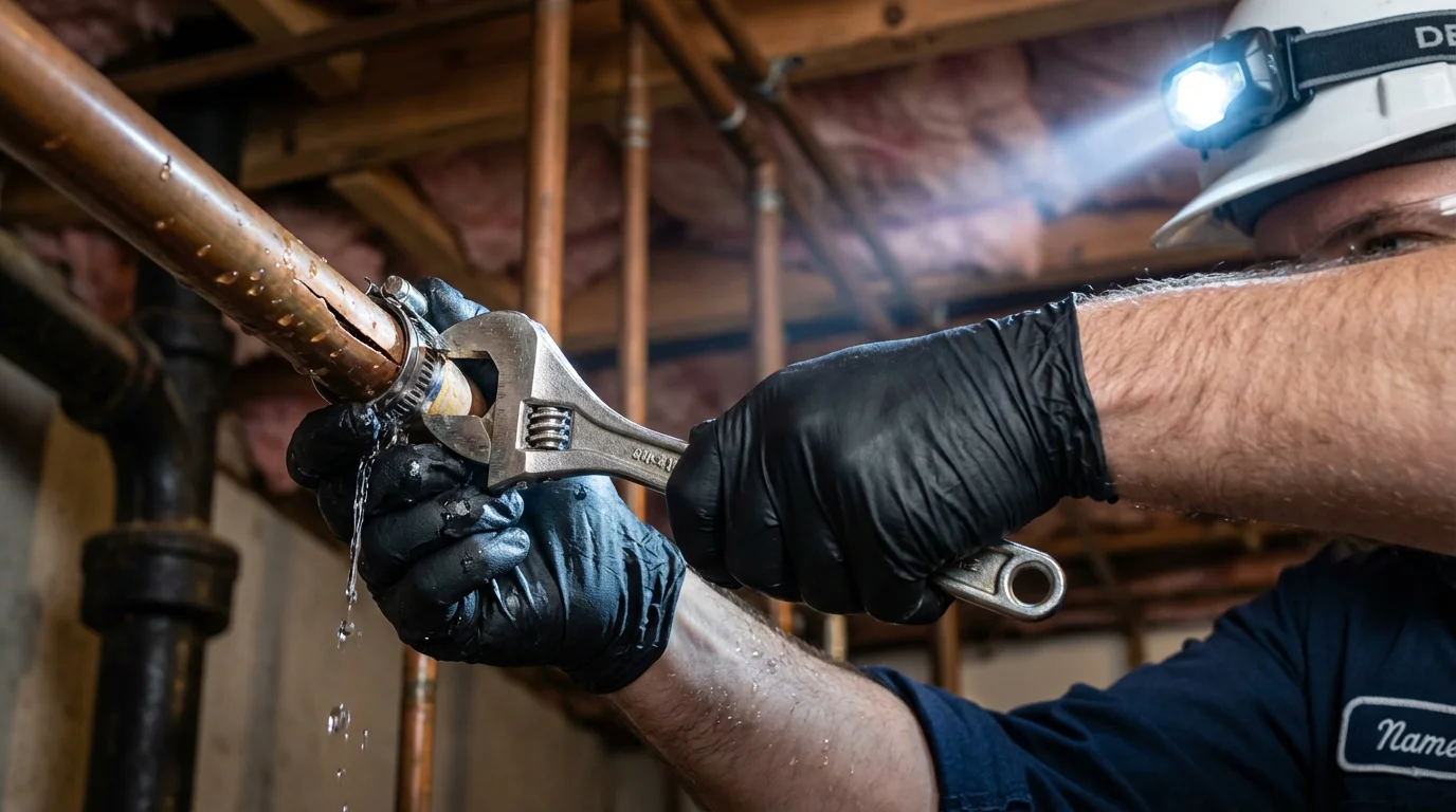 Emergency pipe clamp repair being performed by a Johns Plumbing LLC plumber in Brookdale