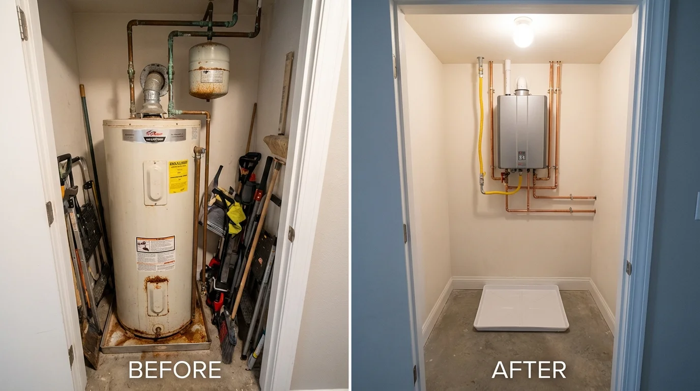 Tank water heater versus wall-mounted tankless unit comparison for Brookdale, CA homeowners