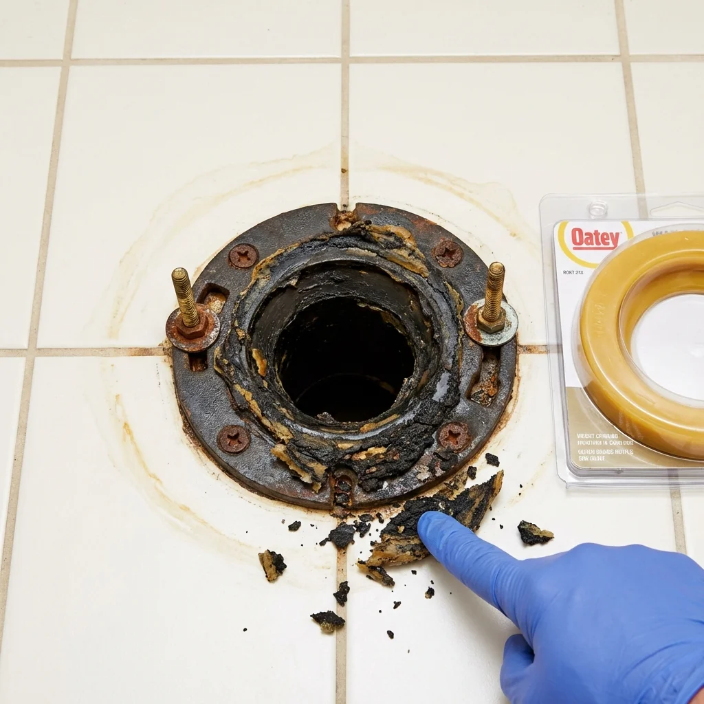 Failed wax ring showing water seepage at the base of a toilet in a Brookdale, CA home