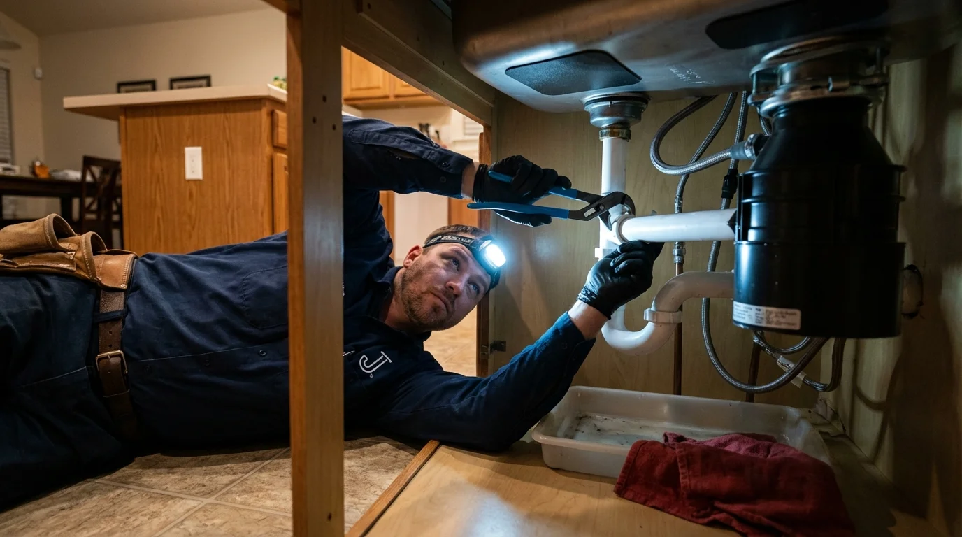 P-trap and supply line connections under a kitchen sink showing a common leak point in Brookdale, CA